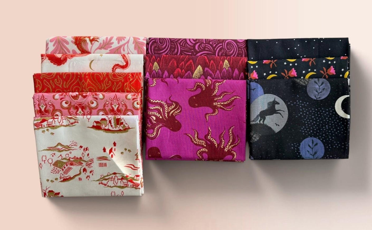 Fireglow Flame Small Throw Happy Stripes Quilt Kit with Berry Octopus and Cresent Unicorn Black