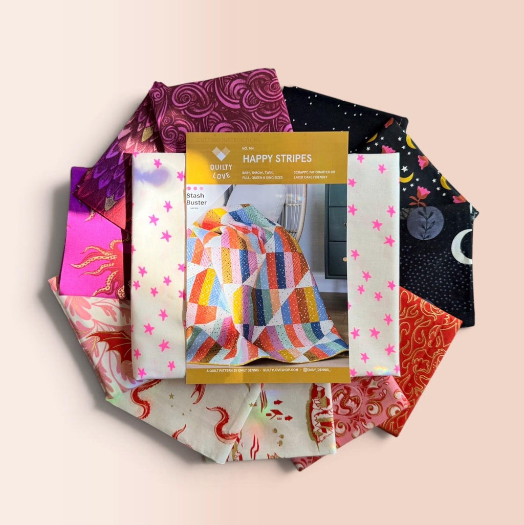 Fireglow Flame Small Throw Happy Stripes Quilt Kit with Berry Octopus and Cresent Unicorn Black